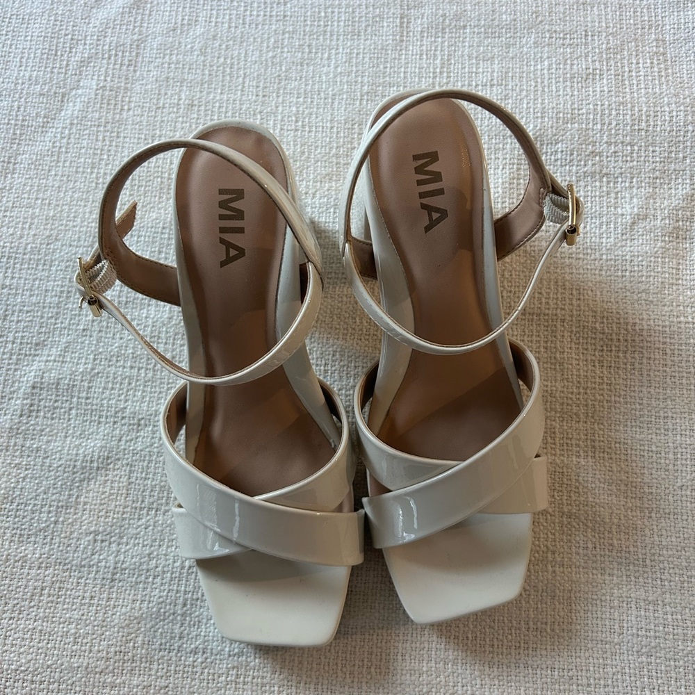 MIA Cream Patent Cross-Strap Ankle Strap Heeled Sandals